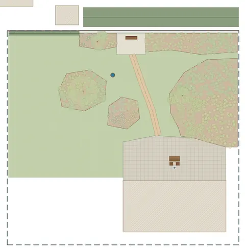 Planblatt des Beispielgartens von oben: Terrasse am Haus, Rasenfläche, Staudenbeete, Trittplatten, Kiesplatz mit Bank, Hecke am Zaun.