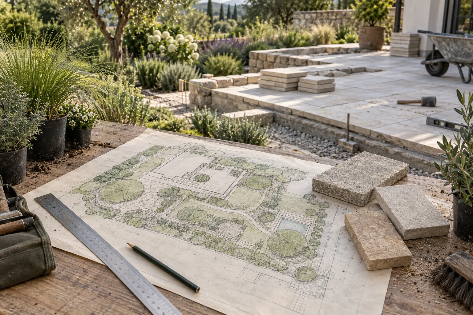 Gartenplan und Steinmuster auf einem Arbeitstisch vor einer Terrasse im Bau.