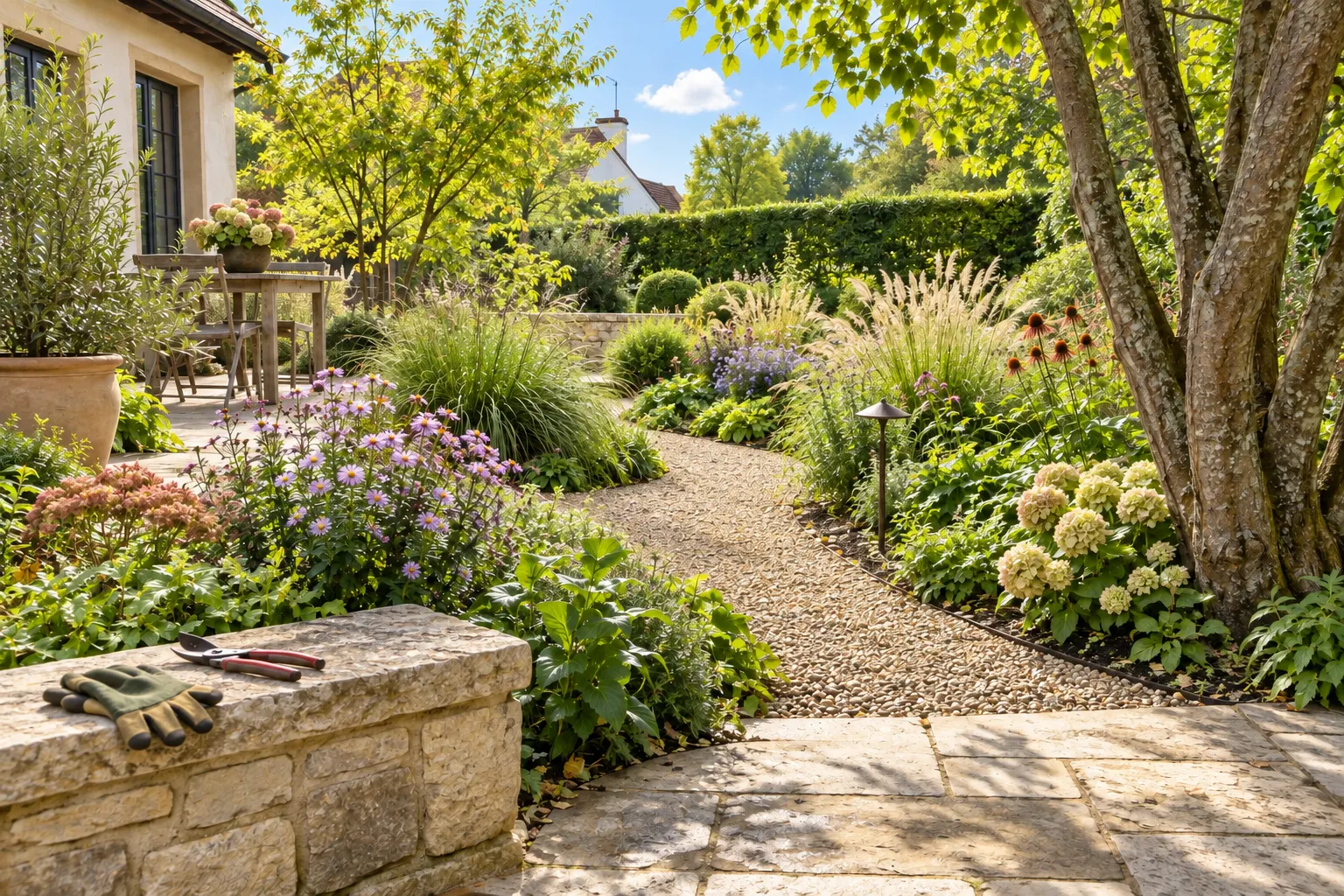 Sonniger Garten mit Kiesweg, blühenden Staudenbeeten und einer niedrigen Natursteinmauer.
