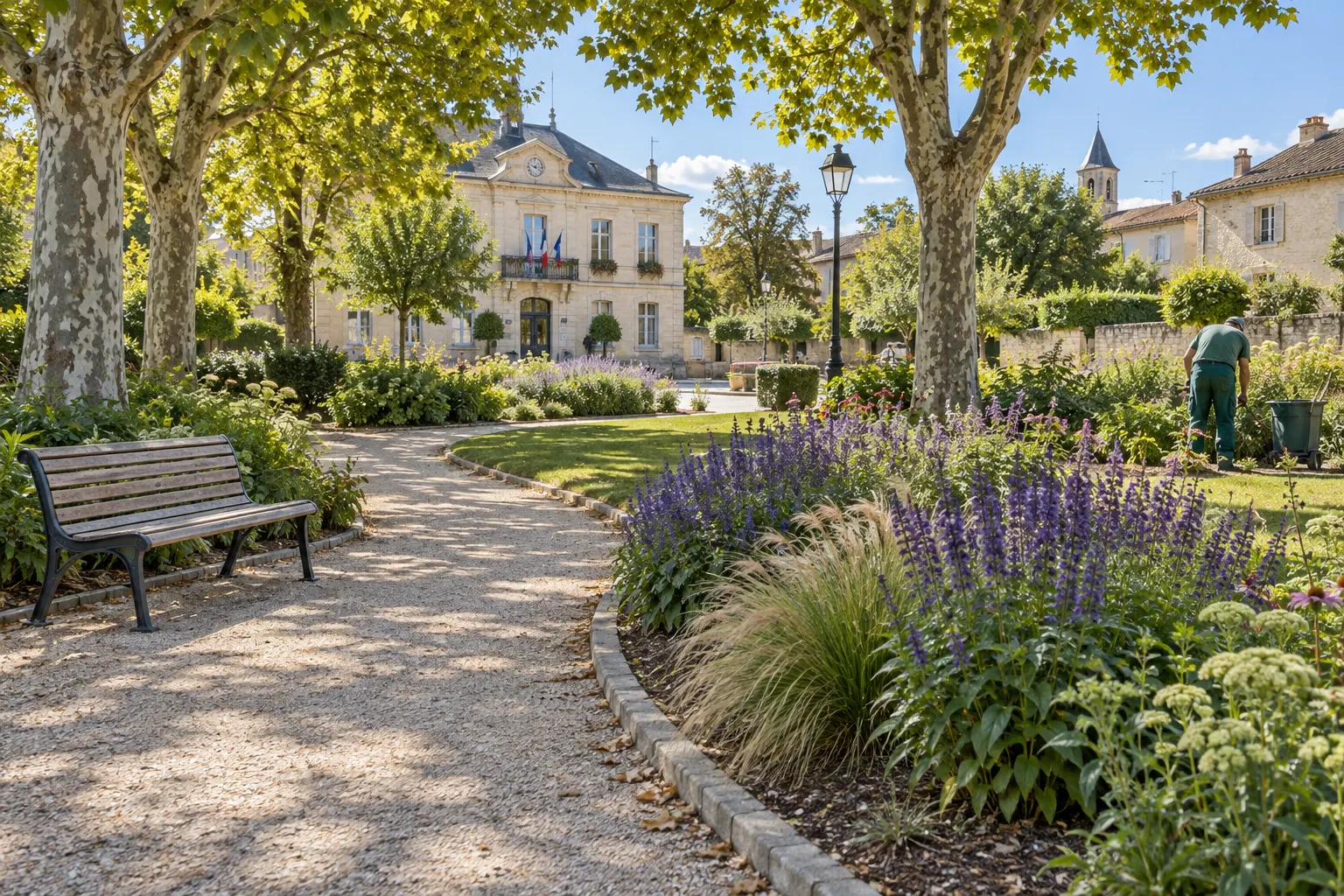 Kommunaler Park bei Sonnenschein mit gepflegten Beeten und Wegen.