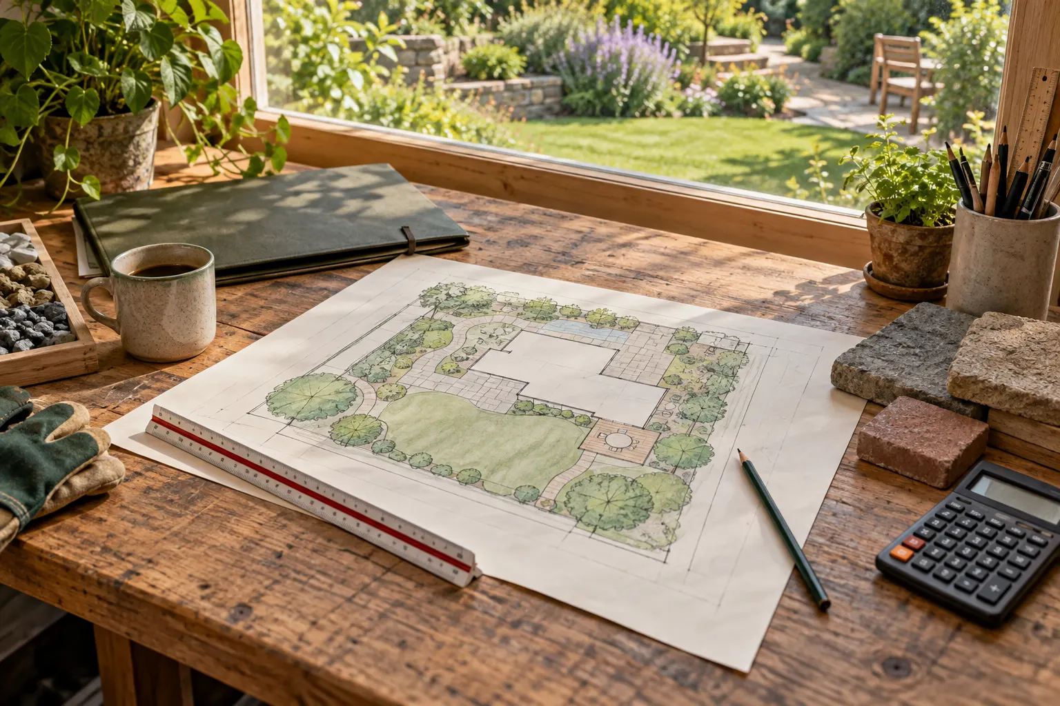 Arbeitsplatz eines Gartenbaubetriebs mit Gartenplan, Maßangaben und Unterlagen.