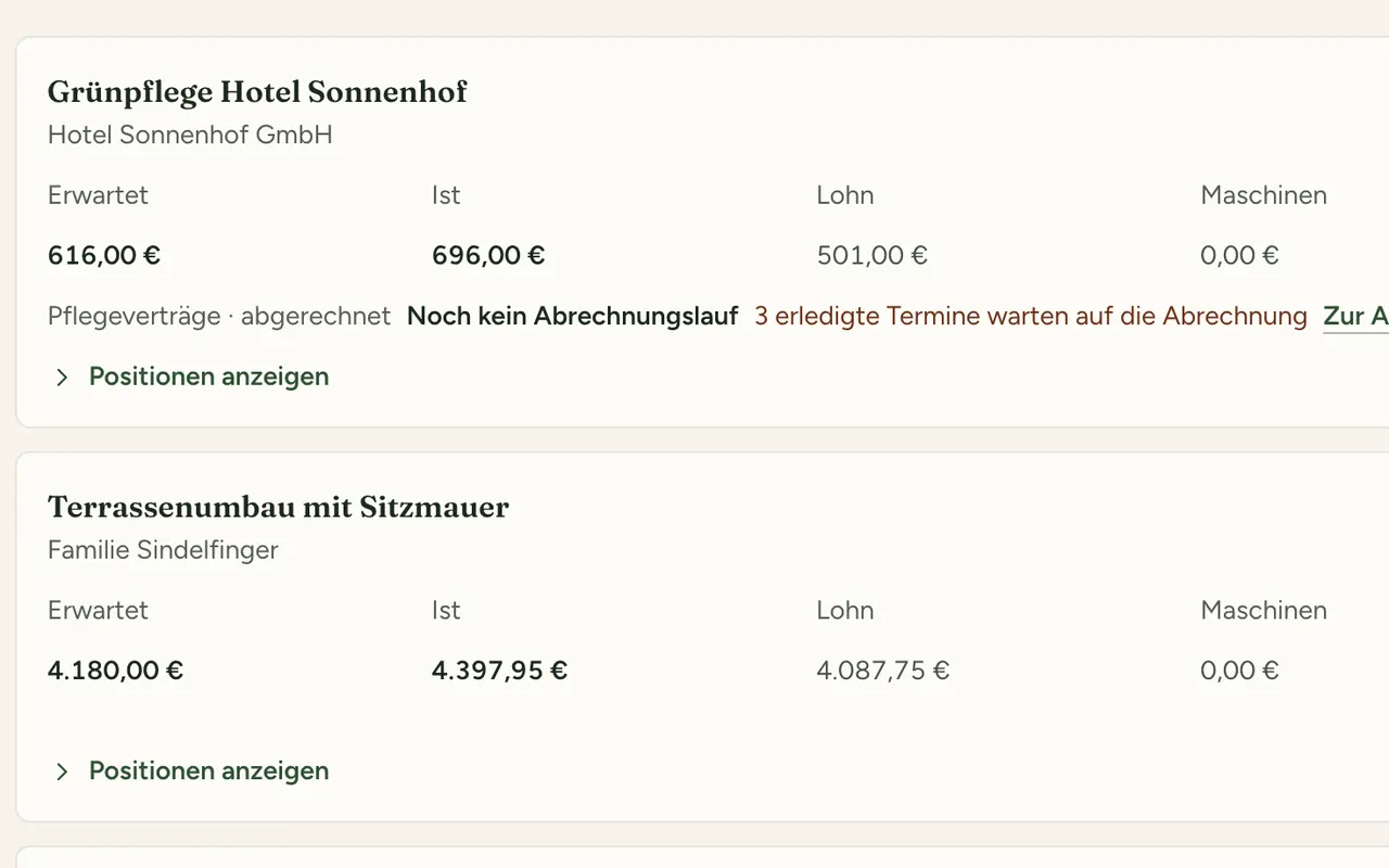 Nachkalkulation zweier Baustellen mit erwarteten und tatsächlichen Kosten, Lohn und Maschinen
