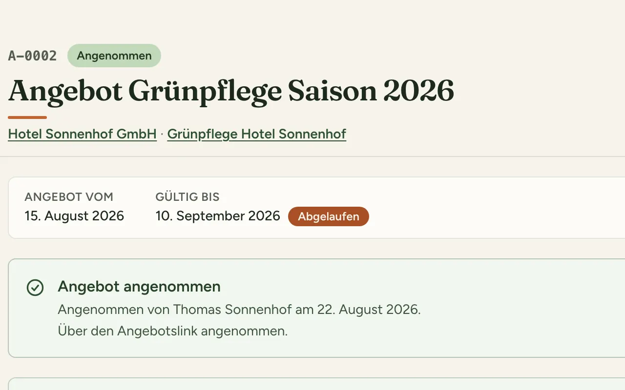 Angenommenes Angebot A-0002 mit Status, Gültigkeit und Angebotslink