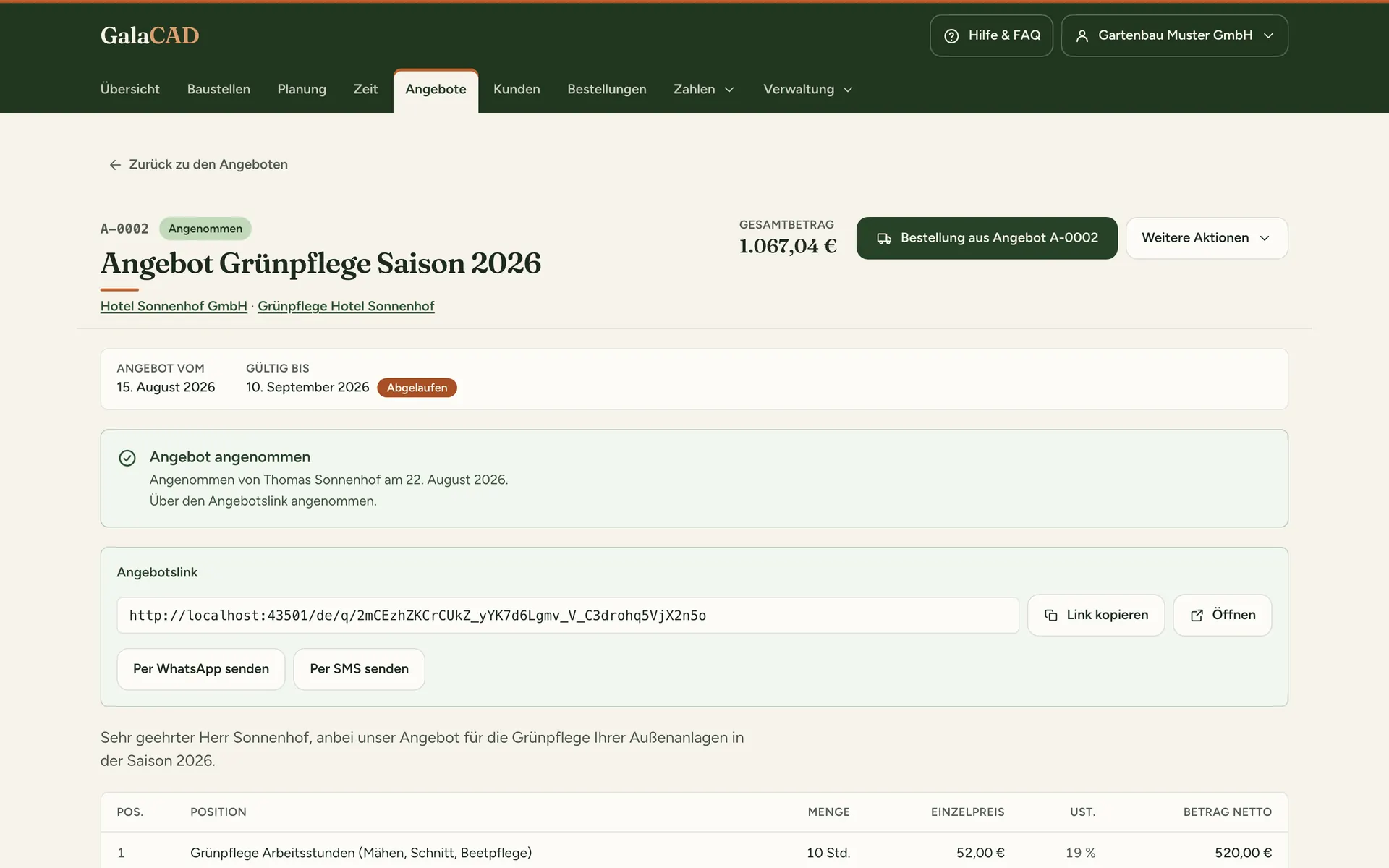 Angebot mit Positionen, Steuergruppen und Exportmenü